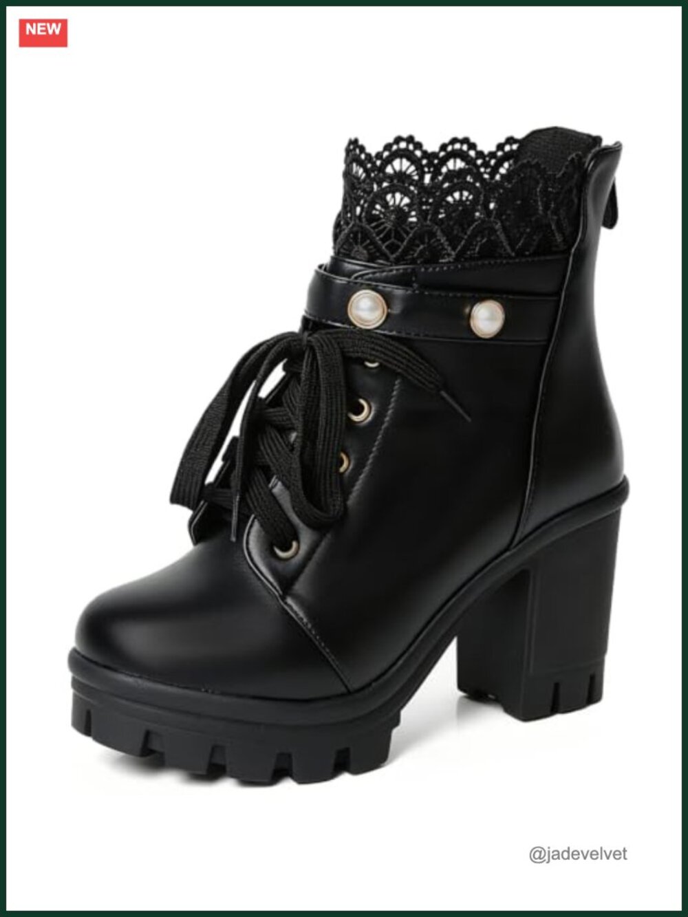 Victorian Pearl Lace Platform Combat Boots, 3.54" Chunky Heel Gothic Ankle